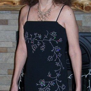 CANDY ROCKET LONG BLACK EVENING DRESS w SEQUINED EMBROIDERED FLOWER DEIGN